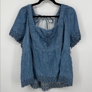 Old Navy Denim Blue Floral Embroidered Tie Back Smocked Blouse Milkmaid